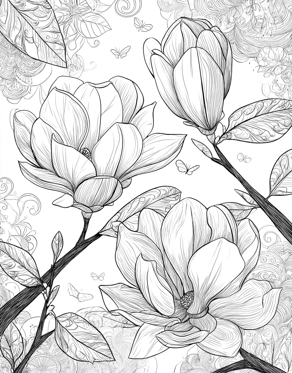 Stress Relief Color Book, Flowers Colouring Pages for Women, Magnolia Dreams Floral Artistry Awaits, Free Printable Coloring Pages for Girls, Coloring Princess Black Magnolia main 2
