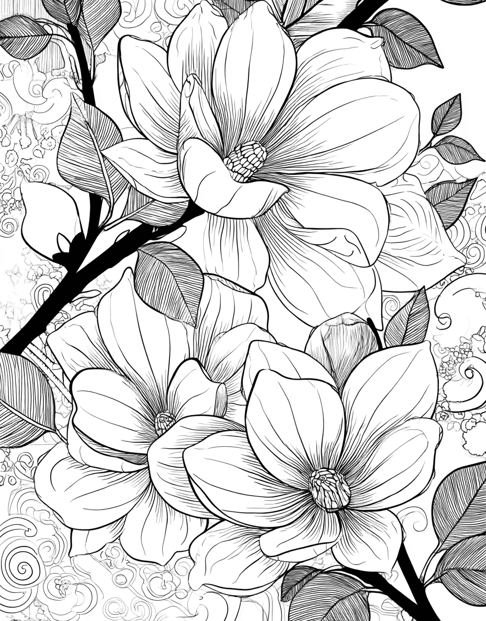 Stress Relief Color Book, Flowers Colouring Pages for Women, Magnolia Dreams Floral Artistry Awaits, Free Printable Coloring Pages for Girls, Coloring Princess Black Magnolia main 3