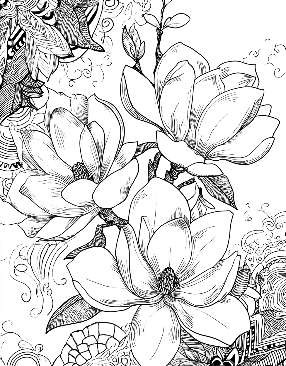 Stress Relief Color Book, Flowers Colouring Pages for Women, Magnolia Dreams Floral Artistry Awaits, Free Printable Coloring Pages for Girls, Coloring Princess Black Magnolia main 4
