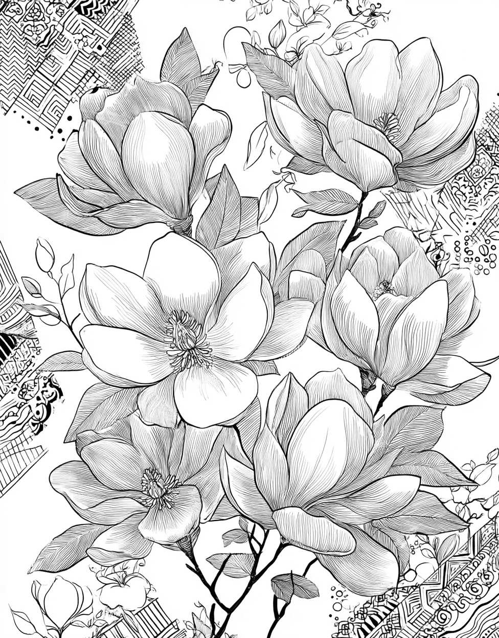 Stress Relief Color Book, Flowers Colouring Pages for Women, Magnolia Dreams Floral Artistry Awaits, Free Printable Coloring Pages for Girls, Coloring Princess Black Magnolia main 5