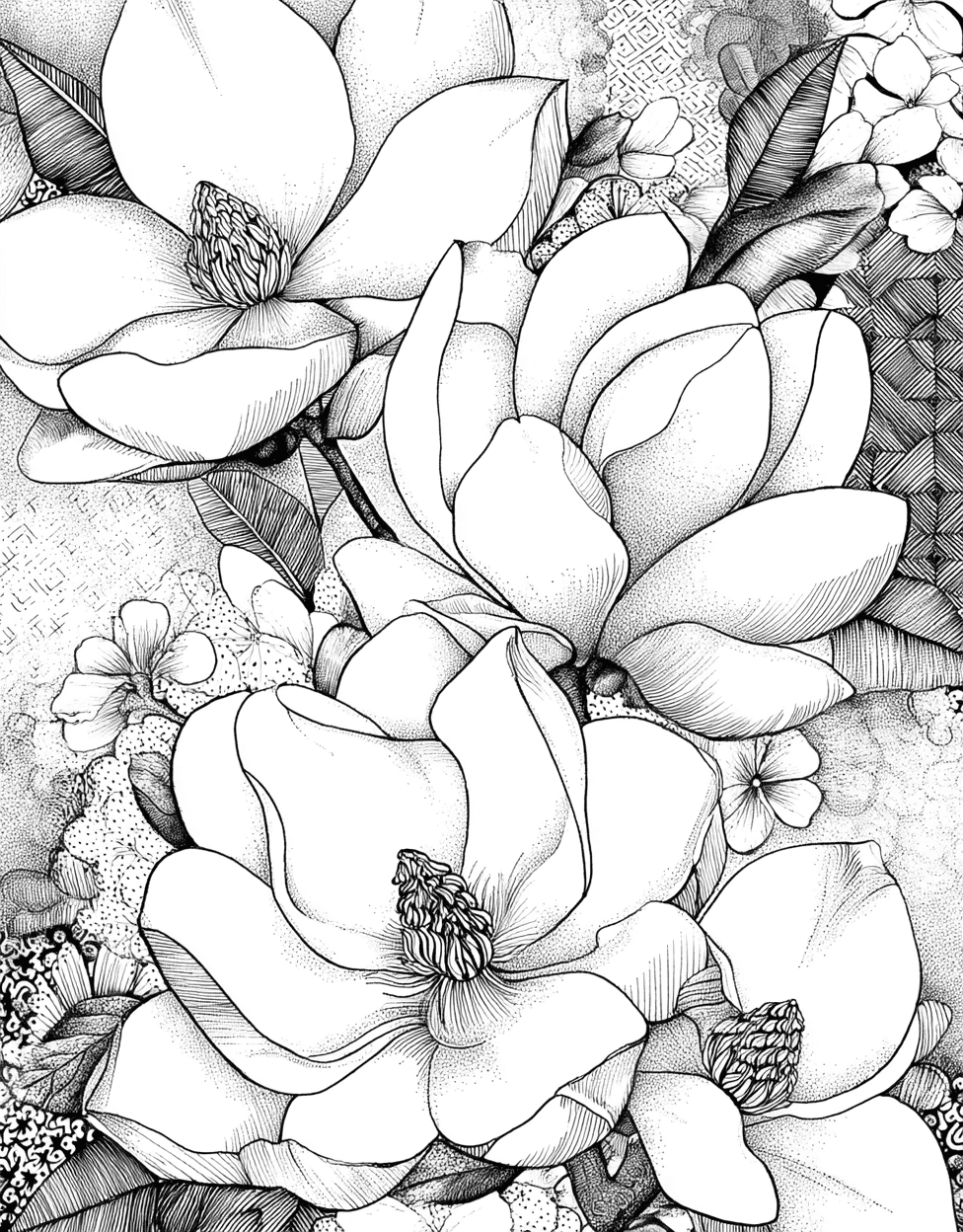 Stress Relief Color Book, Flowers Colouring Pages for Women, Magnolia Dreams Floral Artistry Awaits, Free Printable Coloring Pages for Girls, Coloring Princess Black Magnolia main 6