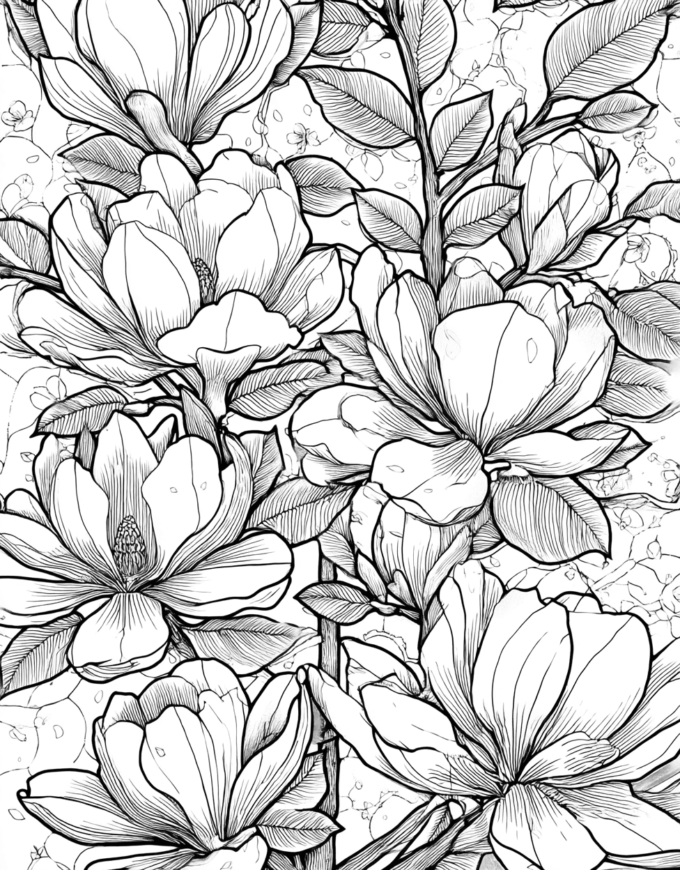 Stress Relief Color Book, Flowers Colouring Pages for Women, Magnolia Dreams Floral Artistry Awaits, Free Printable Coloring Pages for Girls, Coloring Princess Black Magnolia main 1