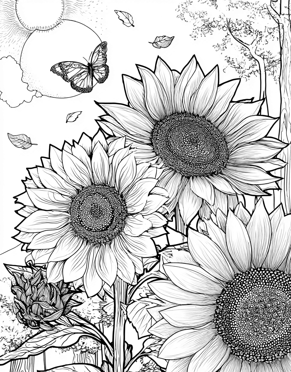 Coloring Pages for Adults Free, Sunflower Art a Burst of Colorful Joy, Stress Relief Color Book, Seasonal Colouring Pages for Adult, Coloring Adult Realistic Sunflower main 9