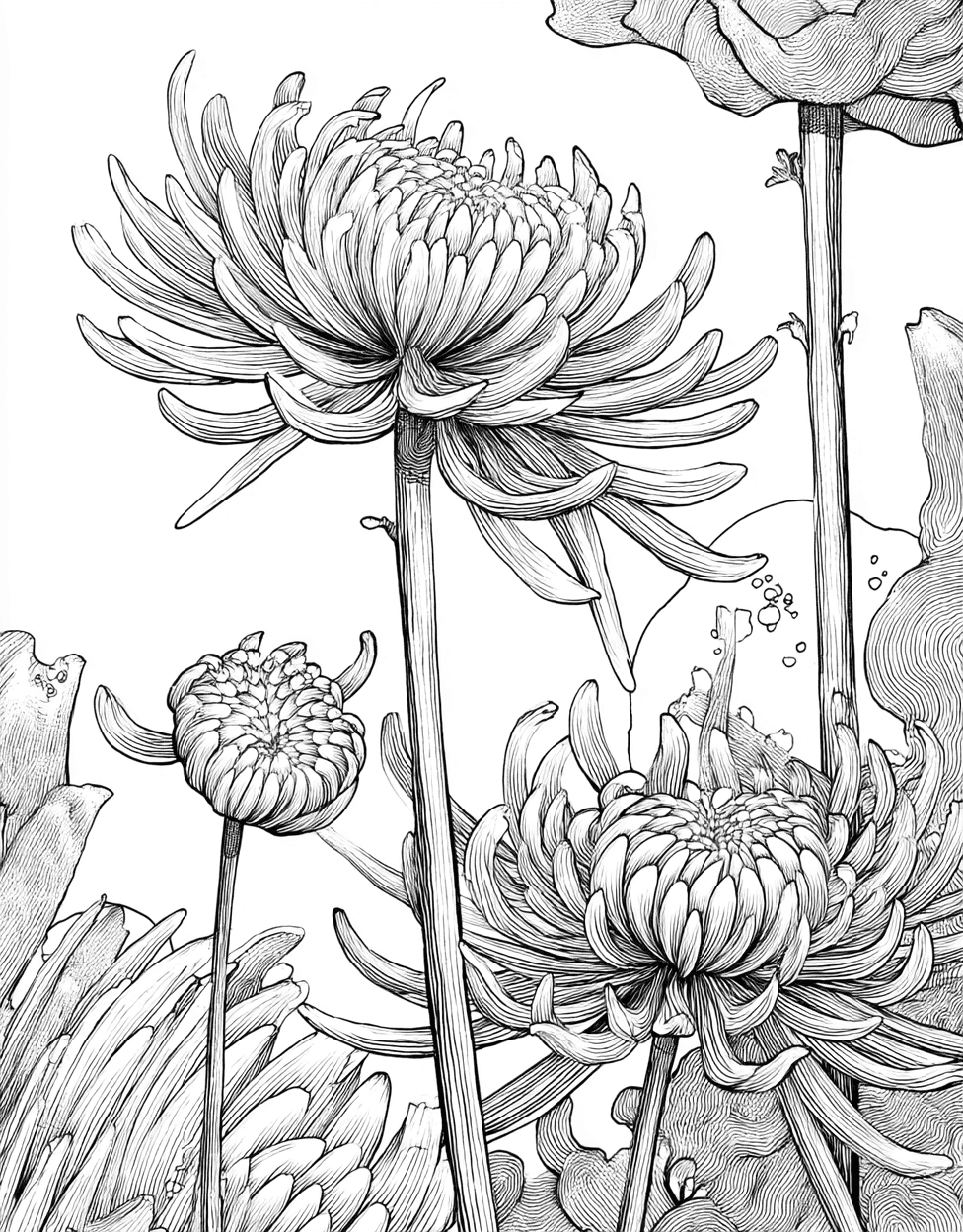 Chrysanthemum Art Blooming Pages Await, Free Printable Coloring Pages, Relaxation Color Book, Flowers Colouring Pages for Adult, Coloring Adult Bird Chrysanthemum main 6