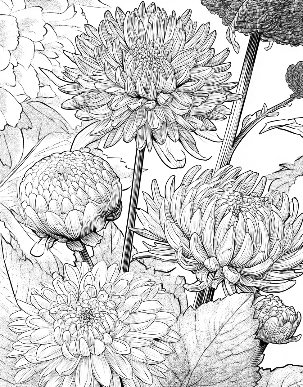 Chrysanthemum Art Blooming Pages Await, Free Printable Coloring Pages, Relaxation Color Book, Flowers Colouring Pages for Adult, Coloring Adult Bird Chrysanthemum main 9