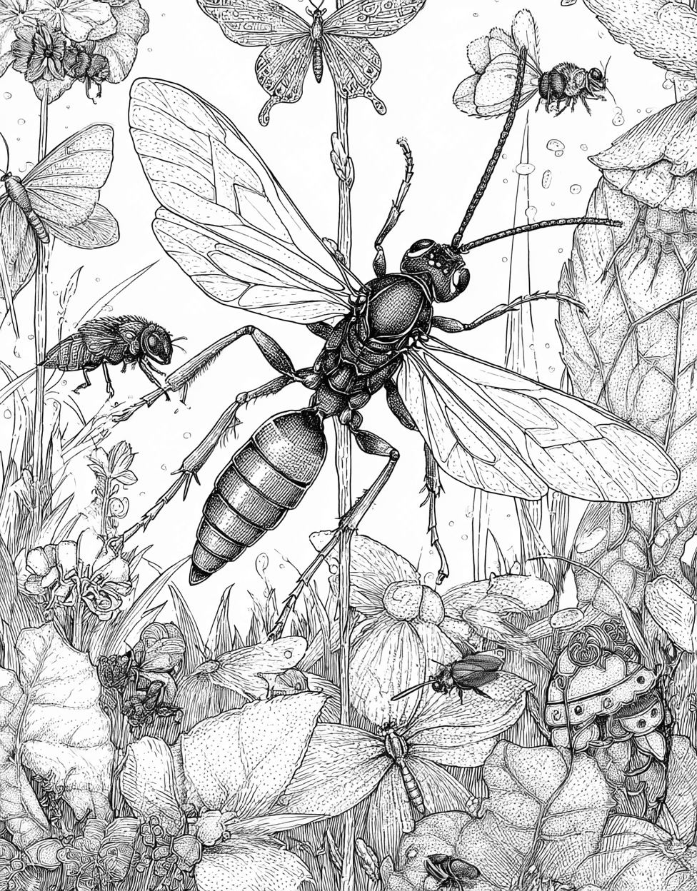 Relaxation Color Book, Insects Colouring Pages for Adult, Adult Coloring Pages Free Printable, Ichneumon Coloring, Ichneumon Art Adventure Natures Intriguing Wasps main 3