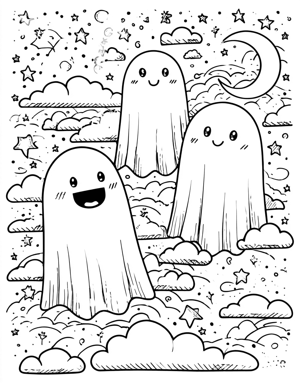 Free Color Pages for Adults, Spooky Specters Haunting Art Pages, Relaxation Color Book, Cute Characters Colouring Pages for Womens, Ghosts Coloring main 2