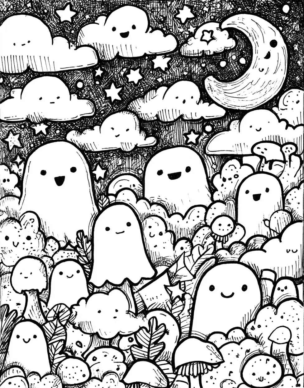 Free Color Pages for Adults, Spooky Specters Haunting Art Pages, Relaxation Color Book, Cute Characters Colouring Pages for Womens, Ghosts Coloring main 3