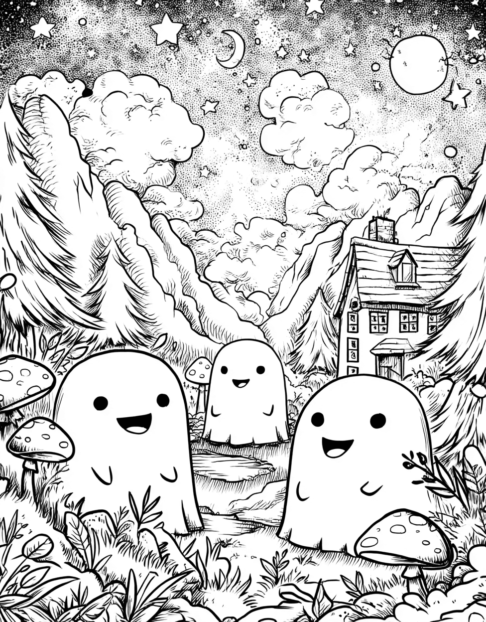 Free Color Pages for Adults, Spooky Specters Haunting Art Pages, Relaxation Color Book, Cute Characters Colouring Pages for Womens, Ghosts Coloring main 5