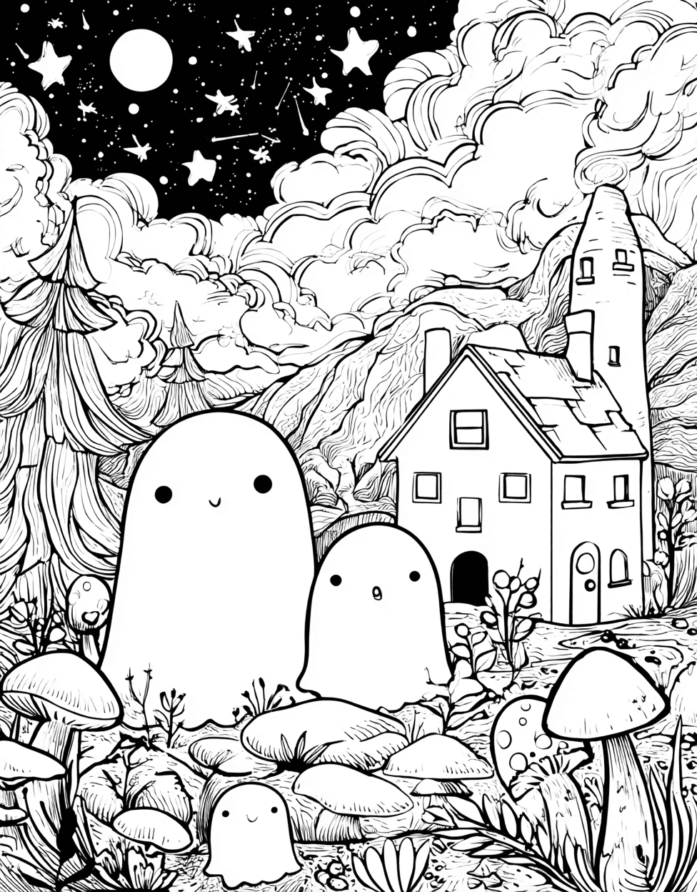 Free Color Pages for Adults, Spooky Specters Haunting Art Pages, Relaxation Color Book, Cute Characters Colouring Pages for Womens, Ghosts Coloring main 6