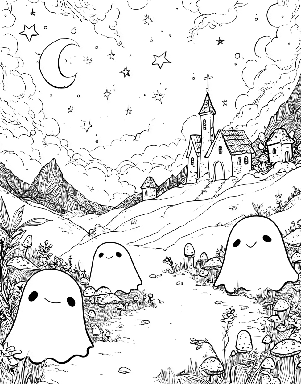 Free Color Pages for Adults, Spooky Specters Haunting Art Pages, Relaxation Color Book, Cute Characters Colouring Pages for Womens, Ghosts Coloring main 7