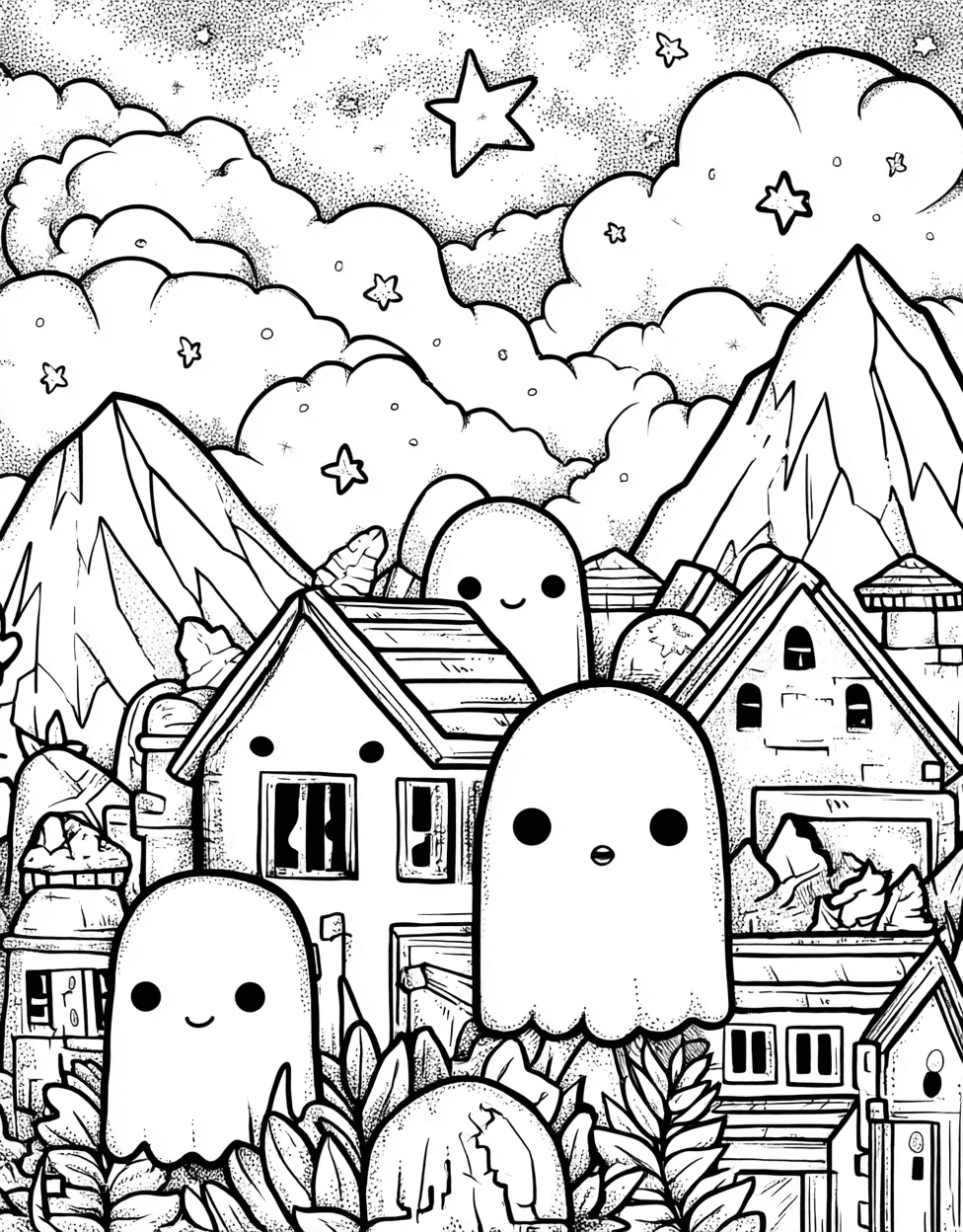 Free Color Pages for Adults, Spooky Specters Haunting Art Pages, Relaxation Color Book, Cute Characters Colouring Pages for Womens, Ghosts Coloring main 8