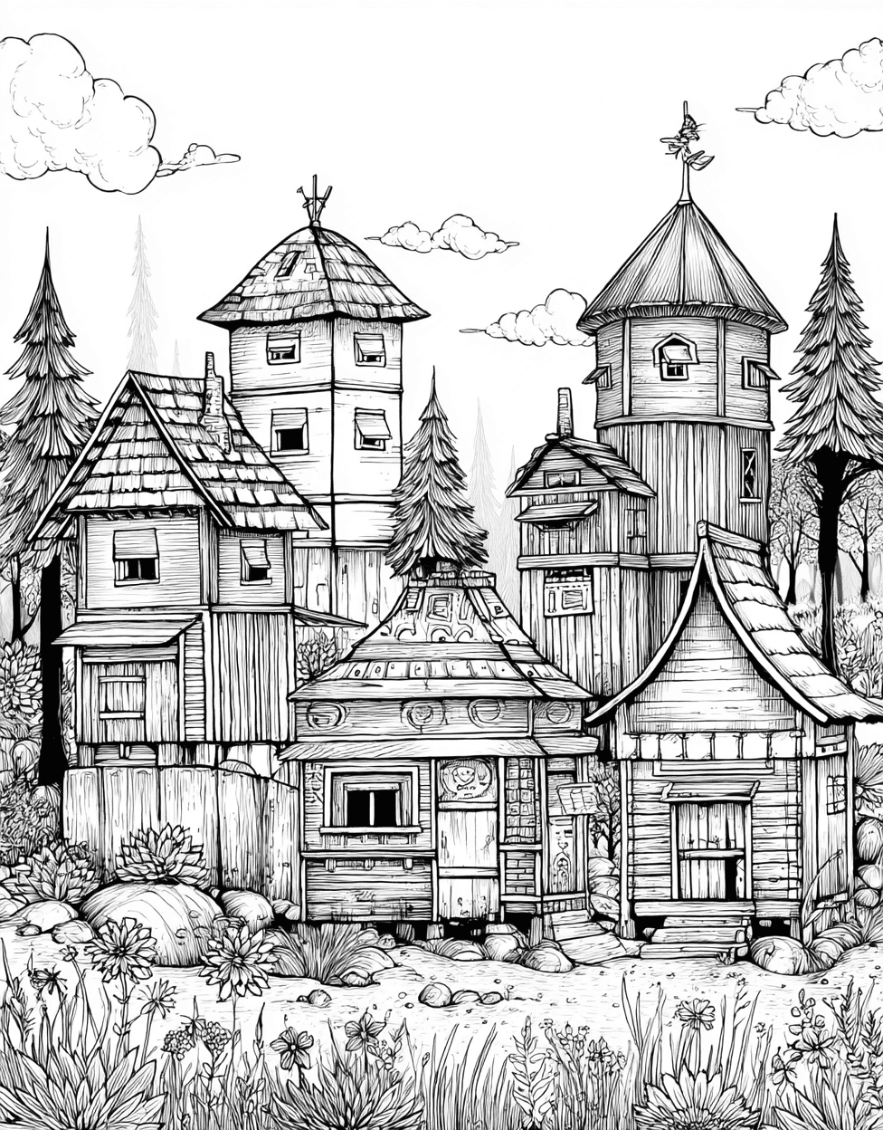 Free Coloring Pages to Print, Charming Hut Designs for Artistic Fun, Relaxation Color Book, Buildings Colouring Pages for Adults, Sticker Get Replacement Hut main 3