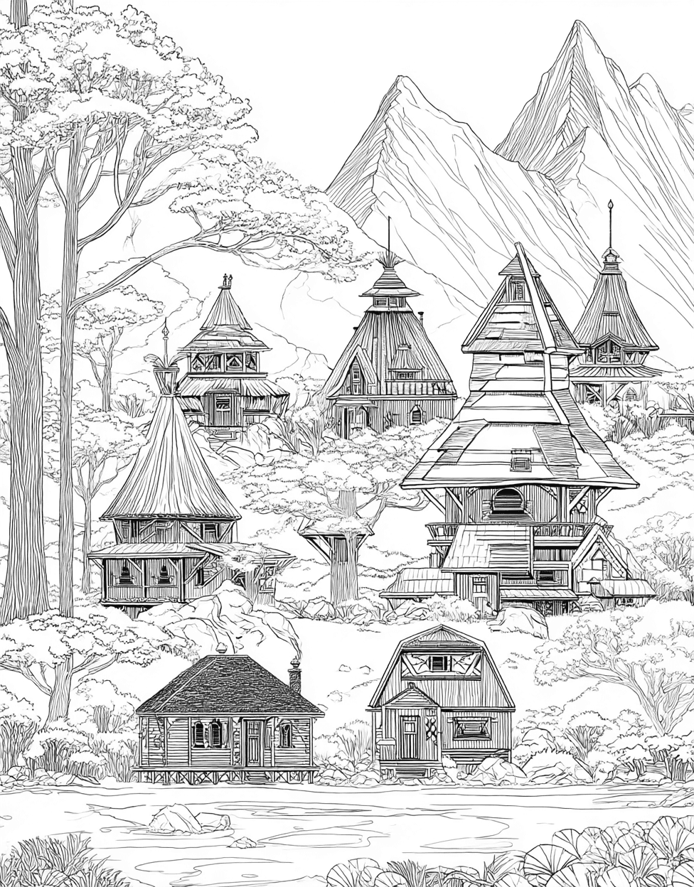 Free Coloring Pages to Print, Charming Hut Designs for Artistic Fun, Relaxation Color Book, Buildings Colouring Pages for Adults, Sticker Get Replacement Hut main 4