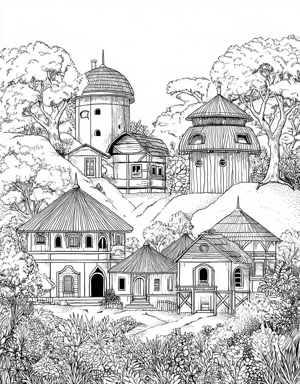 Free Coloring Pages to Print, Charming Hut Designs for Artistic Fun, Relaxation Color Book, Buildings Colouring Pages for Adults, Sticker Get Replacement Hut main 6