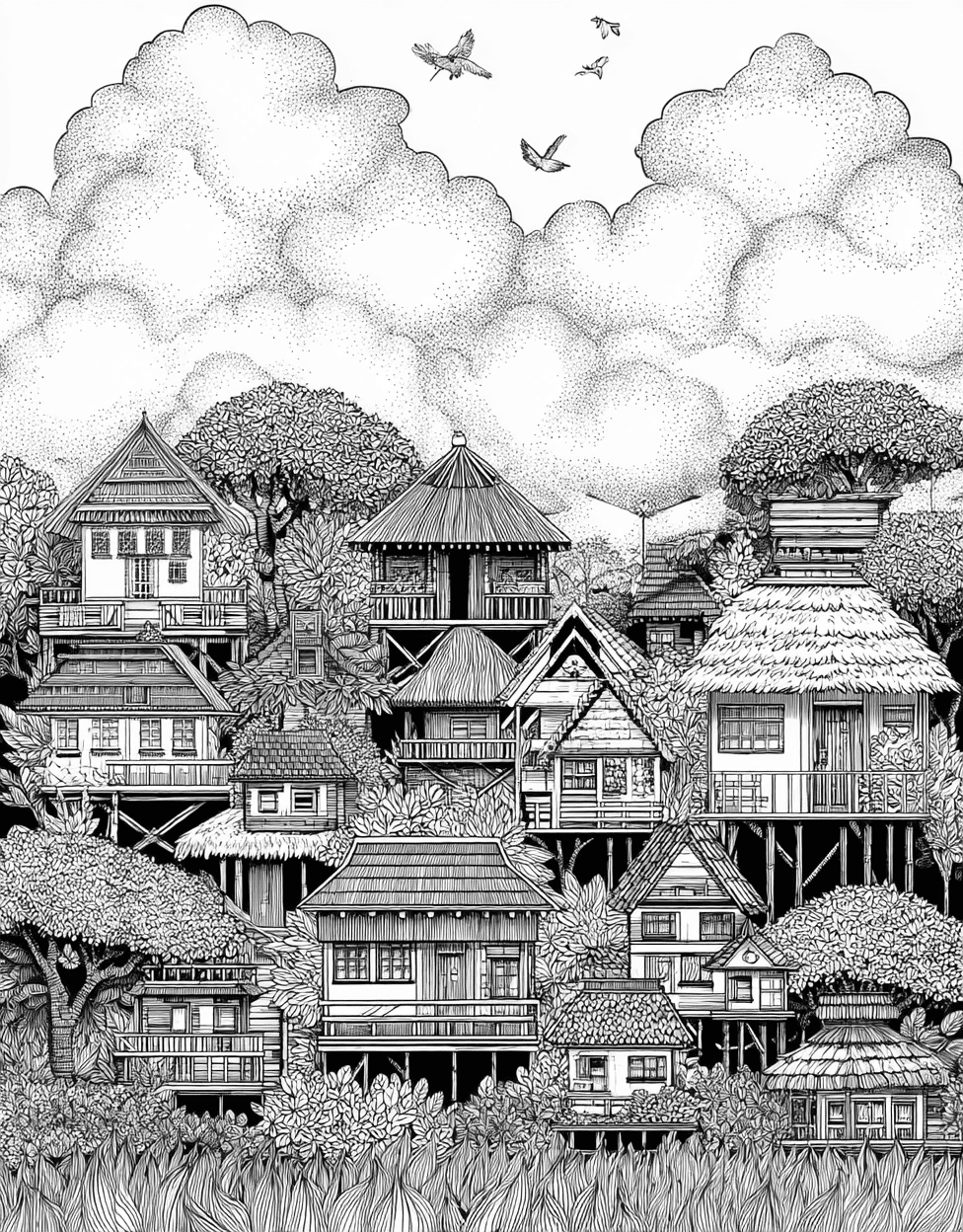Free Coloring Pages to Print, Charming Hut Designs for Artistic Fun, Relaxation Color Book, Buildings Colouring Pages for Adults, Sticker Get Replacement Hut main 7