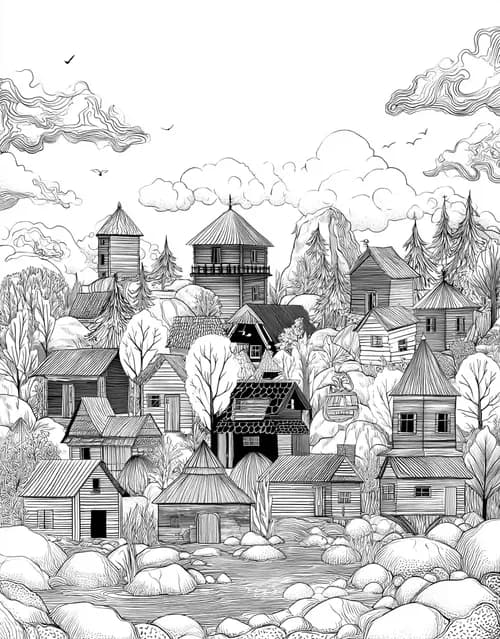 Free Coloring Pages to Print, Charming Hut Designs for Artistic Fun, Relaxation Color Book, Buildings Colouring Pages for Adults, Sticker Get Replacement Hut
