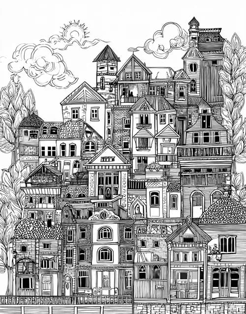 Charming House Designs for Creative Fun, Free Printable Adult Coloring Pages, Coloring Christmas Gingerbread House, Stress Relief Color Book, Buildings Colouring Pages for Women