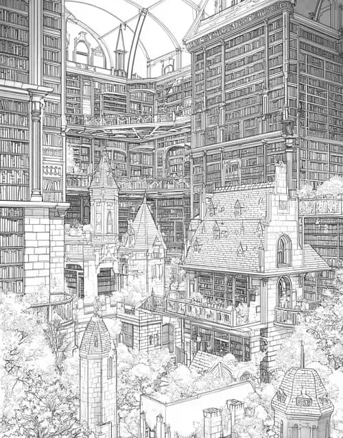 Coloring Pages Printable Free, Artful Pages Library Adventures Await, Relaxation Color Book, Buildings Colouring Pages for Womens, Coloring Valentine Bookmarks Library