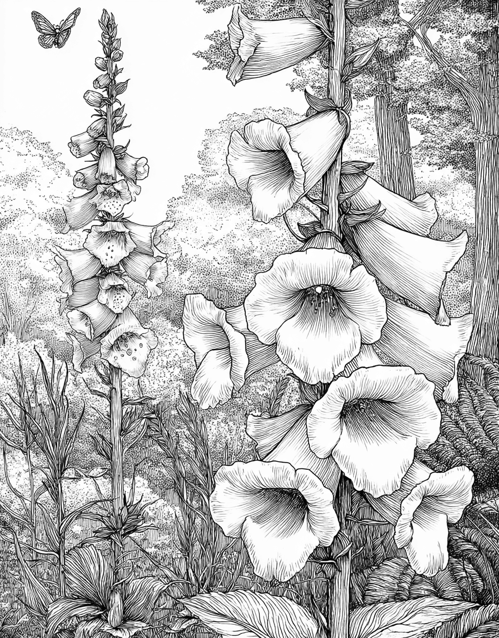 Foxglove Fantasia Art for Every Hue, Free Printable Coloring Pages, Stress Relief Color Book, Flowers Colouring Pages for Teens, Foxglove Coloring main 2