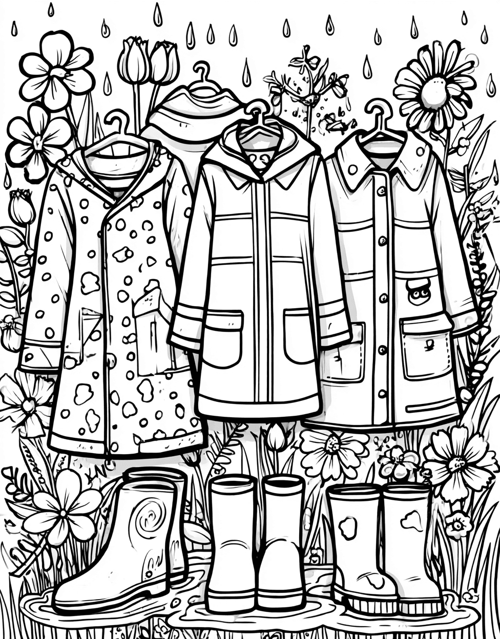 Vibrant Raincoat Adventures Art Awaits, Free Printable Coloring Pages for Adults, Raincoat Coloring, Stress Relief Color Book, Seasonal Colouring Pages for Adults main 2