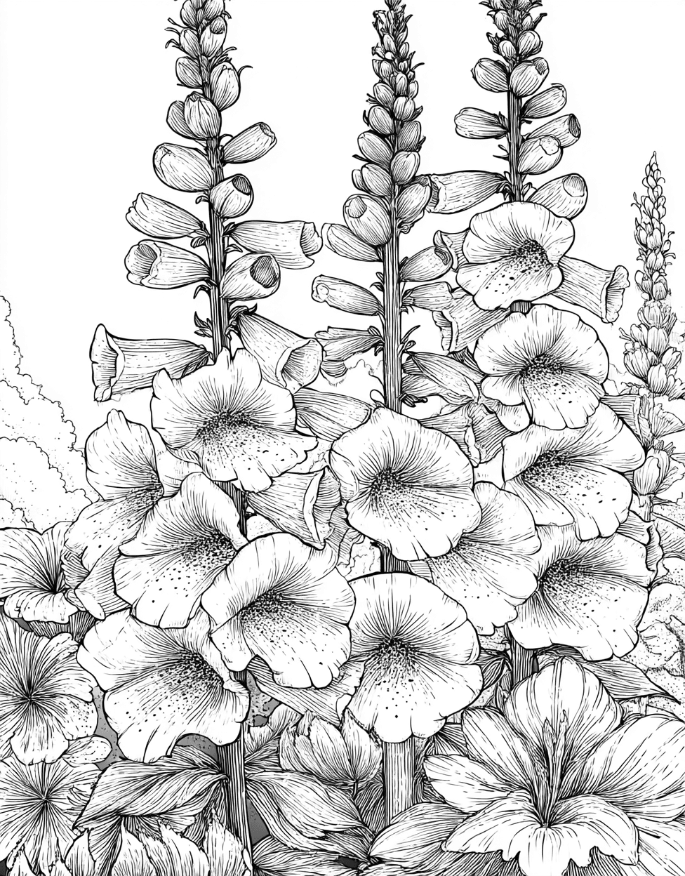 Foxglove Fantasia Art for Every Hue, Free Printable Coloring Pages, Stress Relief Color Book, Flowers Colouring Pages for Teens, Foxglove Coloring main 3