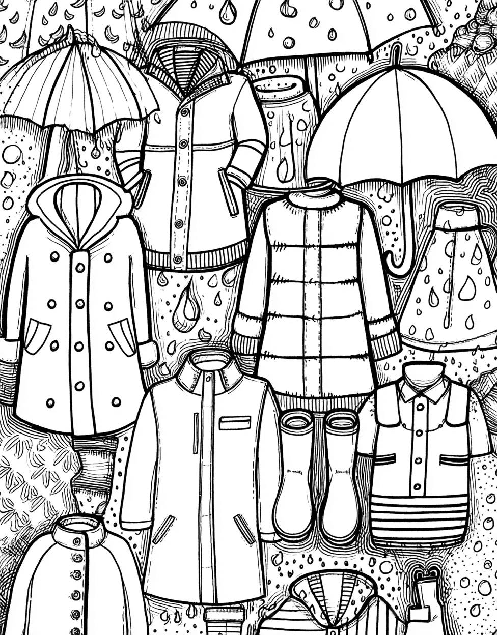 Vibrant Raincoat Adventures Art Awaits, Free Printable Coloring Pages for Adults, Raincoat Coloring, Stress Relief Color Book, Seasonal Colouring Pages for Adults main 3