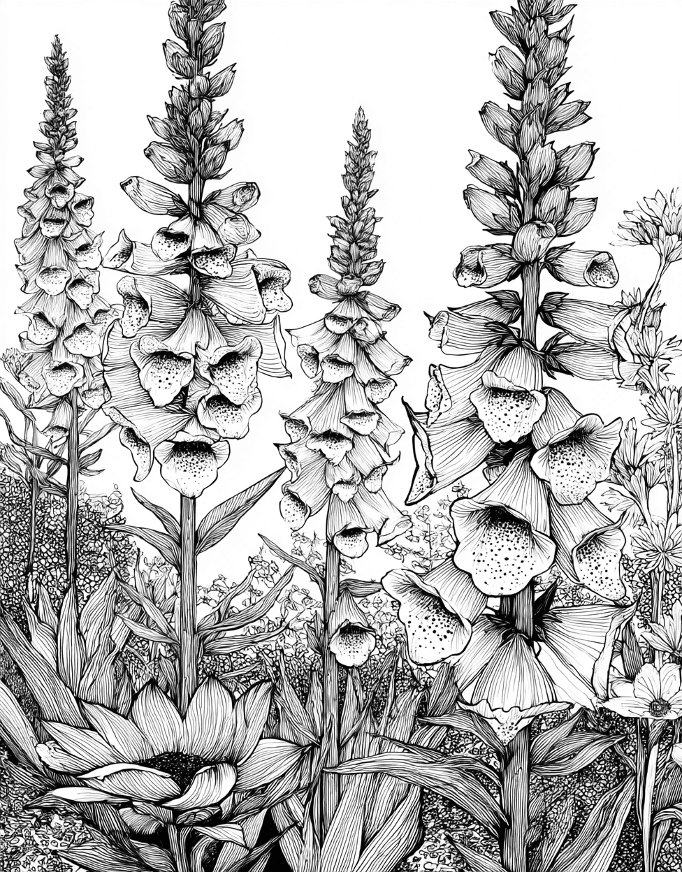 Foxglove Fantasia Art for Every Hue, Free Printable Coloring Pages, Stress Relief Color Book, Flowers Colouring Pages for Teens, Foxglove Coloring main 4