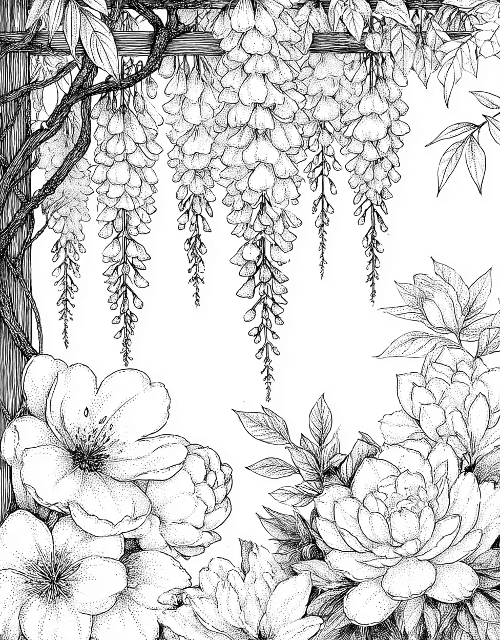 Wisteria Coloring, Wisteria Whimsy Artful Pages Await, Advanced Free Printable Coloring Pages for Children, Stress Relief Color Book, Flowers Colouring Pages for Adult main 4
