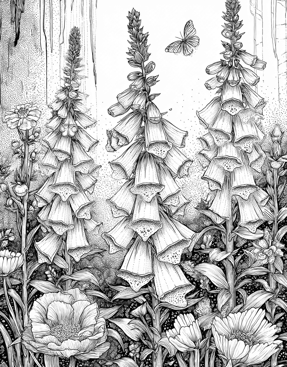 Foxglove Fantasia Art for Every Hue, Free Printable Coloring Pages, Stress Relief Color Book, Flowers Colouring Pages for Teens, Foxglove Coloring main 5