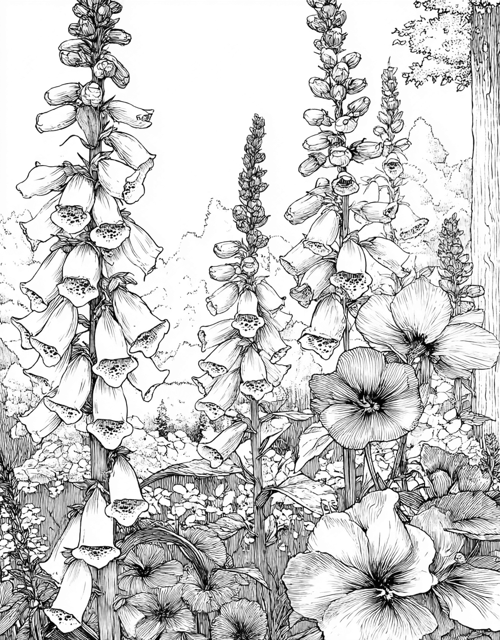 Foxglove Fantasia Art for Every Hue, Free Printable Coloring Pages, Stress Relief Color Book, Flowers Colouring Pages for Teens, Foxglove Coloring main 6