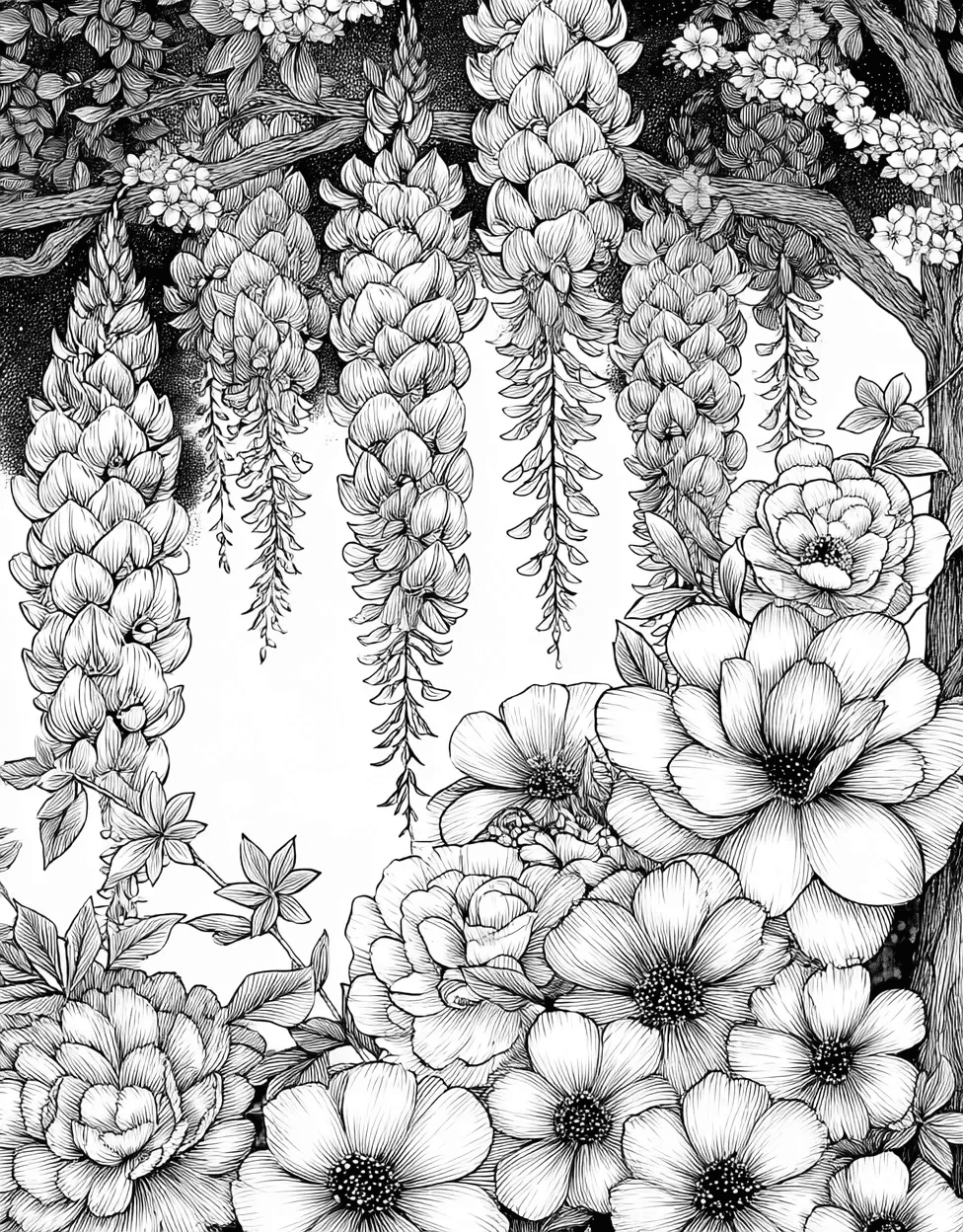 Wisteria Coloring, Wisteria Whimsy Artful Pages Await, Advanced Free Printable Coloring Pages for Children, Stress Relief Color Book, Flowers Colouring Pages for Adult main 6