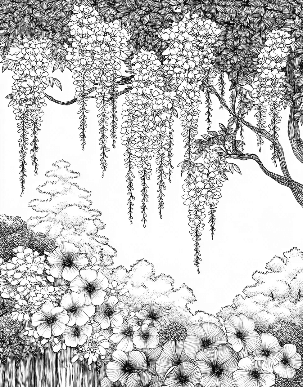 Wisteria Coloring, Wisteria Whimsy Artful Pages Await, Advanced Free Printable Coloring Pages for Children, Stress Relief Color Book, Flowers Colouring Pages for Adult main 7