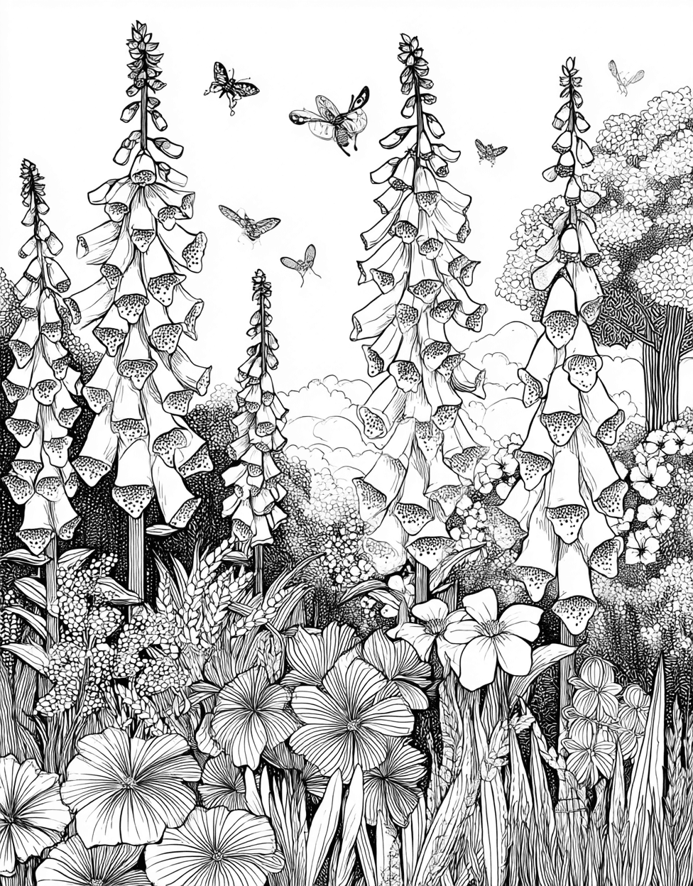 Foxglove Fantasia Art for Every Hue, Free Printable Coloring Pages, Stress Relief Color Book, Flowers Colouring Pages for Teens, Foxglove Coloring main 8