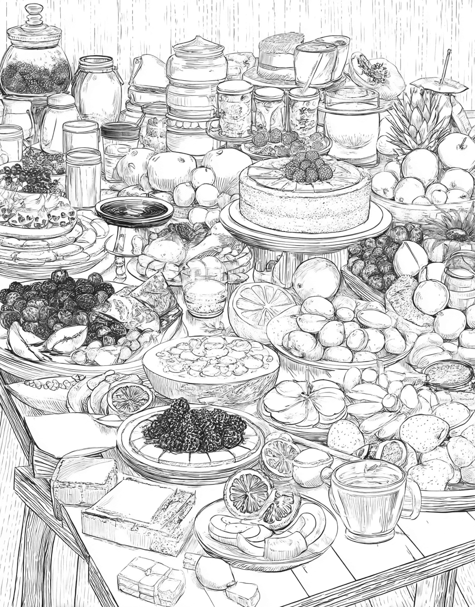 Buffet Table Coloring, Stress Relief Color Book, Food Colouring Pages for Teenage, Free Coloring Pages for Adults, Buffet Table Fun Fill the Feast with Color main 2