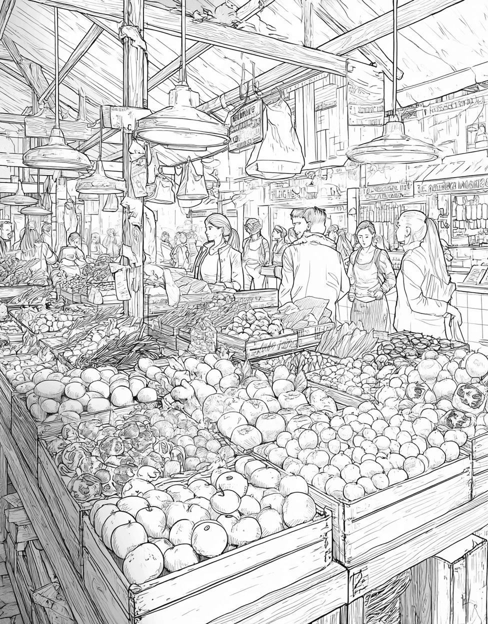 Food Market Stall Coloring, Free Coloring Pages for Adults, Delicious Delights Market Stall Art Fun, Relaxation Color Book, Food Colouring Pages for Teens main 2