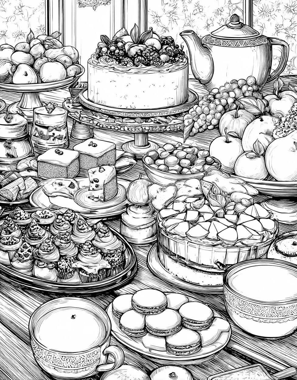Buffet Table Coloring, Stress Relief Color Book, Food Colouring Pages for Teenage, Free Coloring Pages for Adults, Buffet Table Fun Fill the Feast with Color main 3
