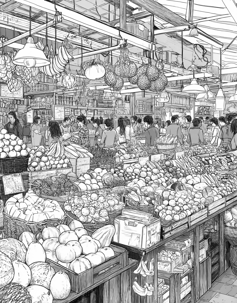 Food Market Stall Coloring, Free Coloring Pages for Adults, Delicious Delights Market Stall Art Fun, Relaxation Color Book, Food Colouring Pages for Teens main 3