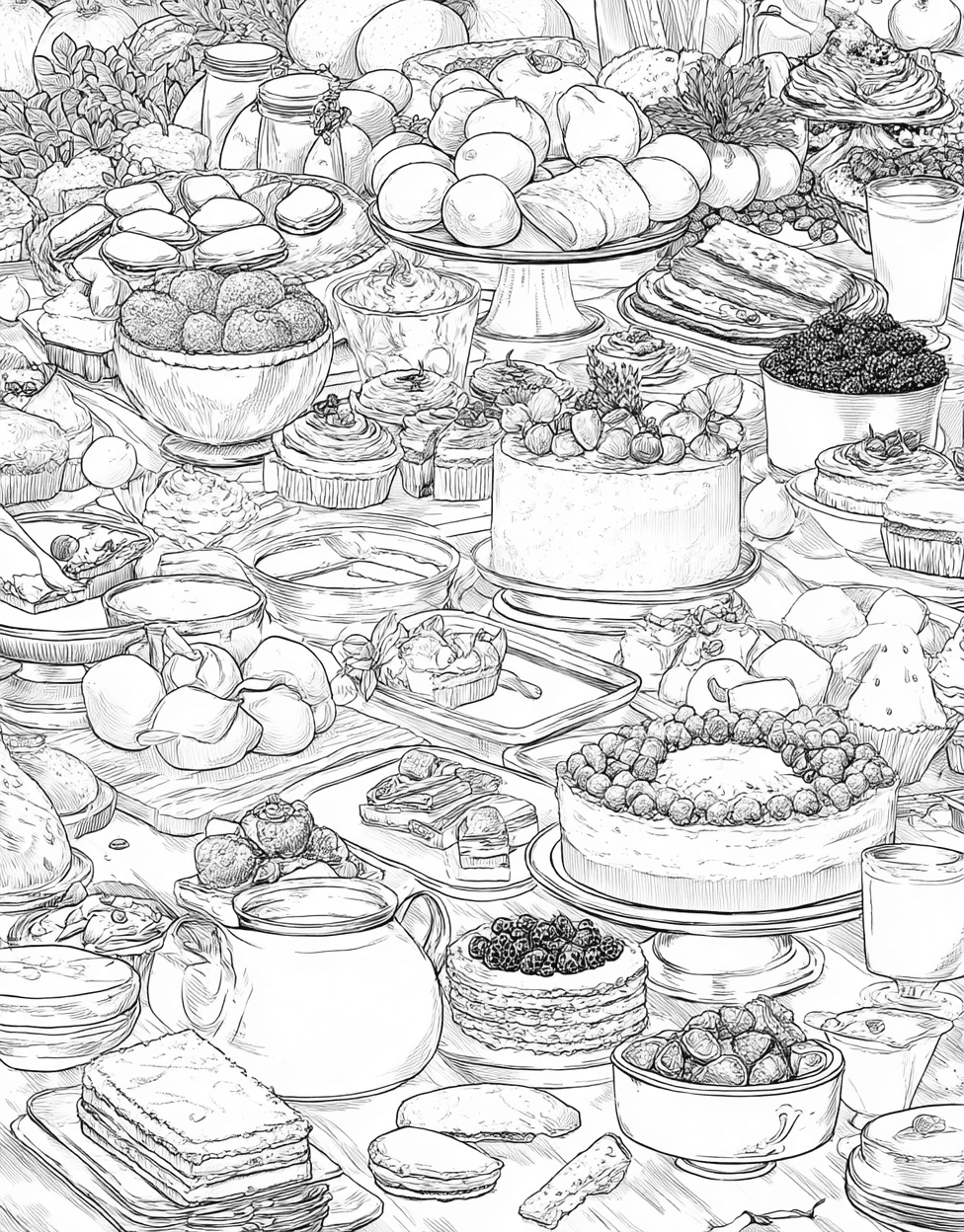 Buffet Table Coloring, Stress Relief Color Book, Food Colouring Pages for Teenage, Free Coloring Pages for Adults, Buffet Table Fun Fill the Feast with Color main 4