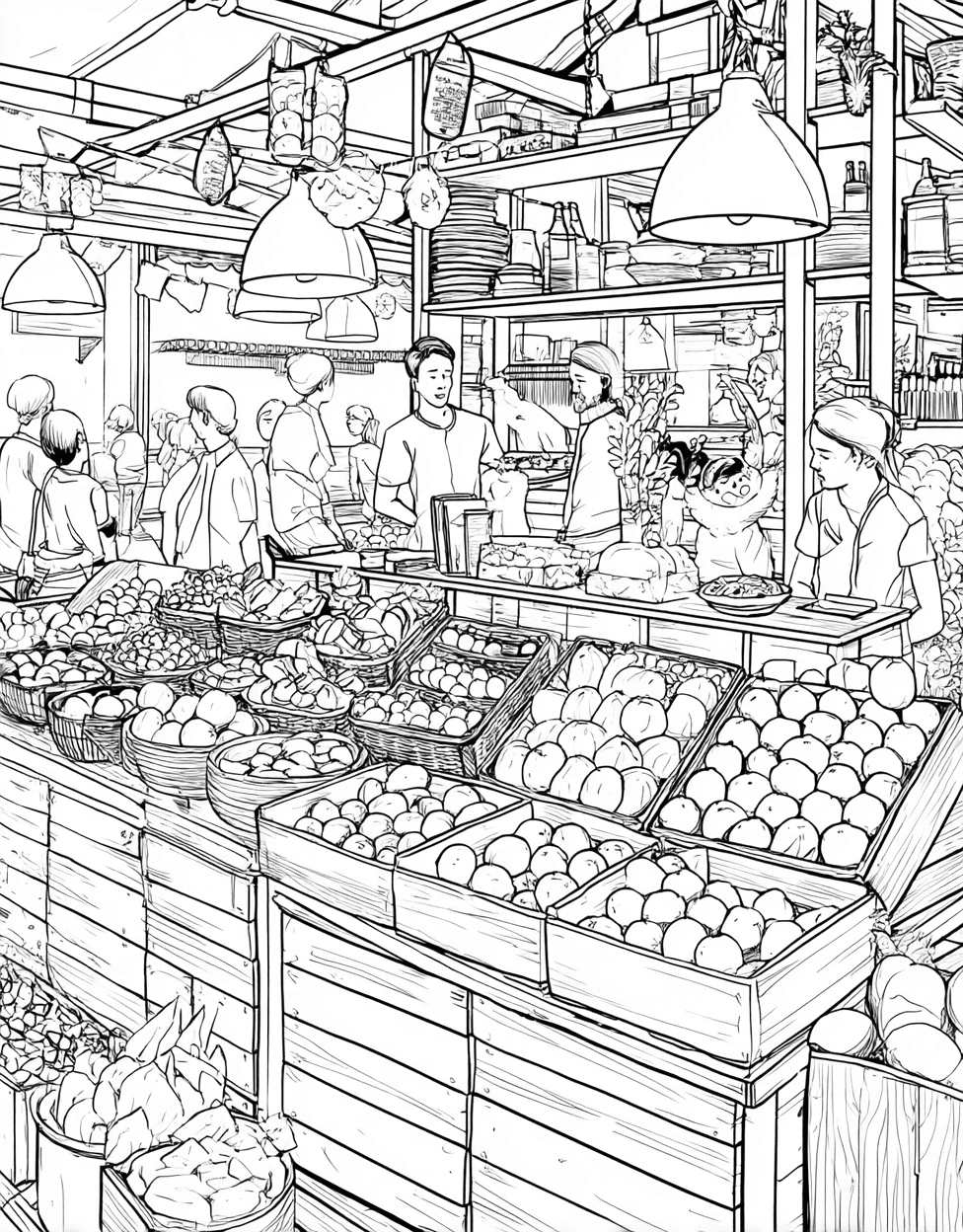 Food Market Stall Coloring, Free Coloring Pages for Adults, Delicious Delights Market Stall Art Fun, Relaxation Color Book, Food Colouring Pages for Teens main 4
