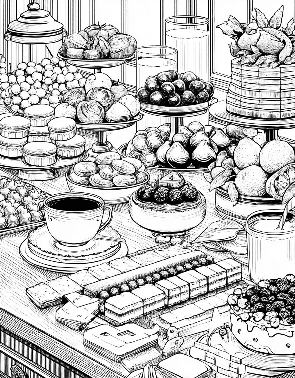 Buffet Table Coloring, Stress Relief Color Book, Food Colouring Pages for Teenage, Free Coloring Pages for Adults, Buffet Table Fun Fill the Feast with Color main 5