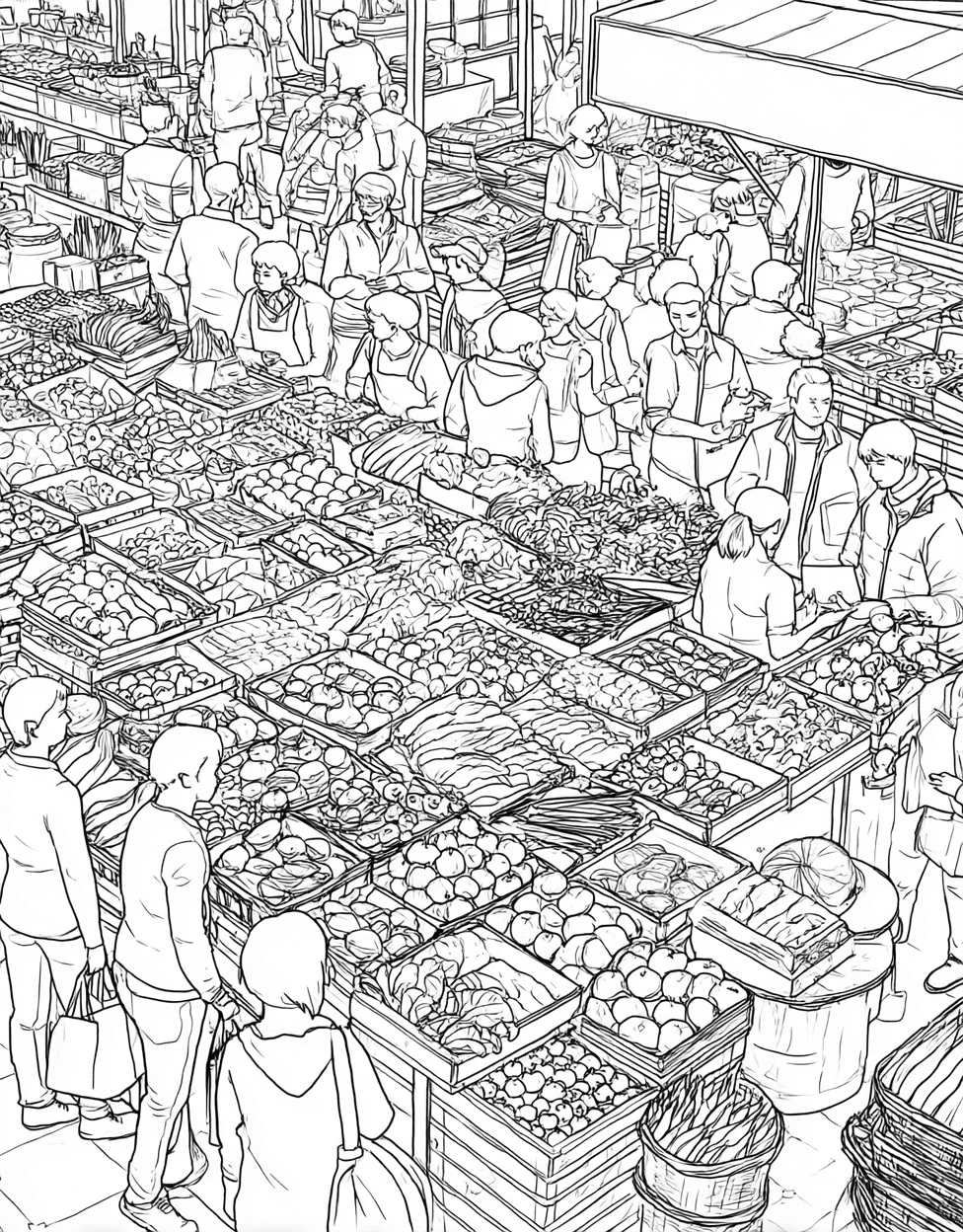 Food Market Stall Coloring, Free Coloring Pages for Adults, Delicious Delights Market Stall Art Fun, Relaxation Color Book, Food Colouring Pages for Teens main 5