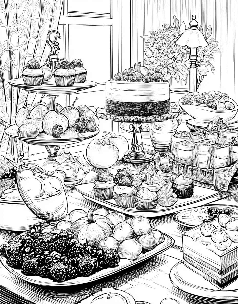 Buffet Table Coloring, Stress Relief Color Book, Food Colouring Pages for Teenage, Free Coloring Pages for Adults, Buffet Table Fun Fill the Feast with Color main 6