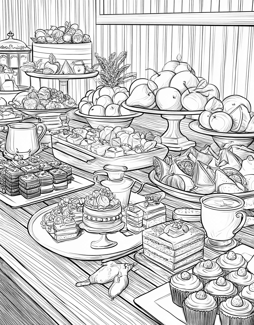 Buffet Table Coloring, Stress Relief Color Book, Food Colouring Pages for Teenage, Free Coloring Pages for Adults, Buffet Table Fun Fill the Feast with Color main 7