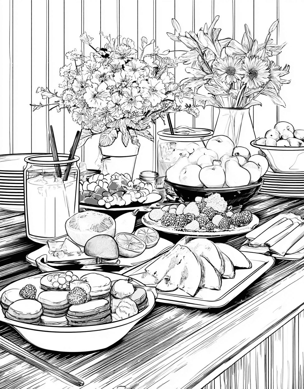 Buffet Table Coloring, Stress Relief Color Book, Food Colouring Pages for Teenage, Free Coloring Pages for Adults, Buffet Table Fun Fill the Feast with Color main 9