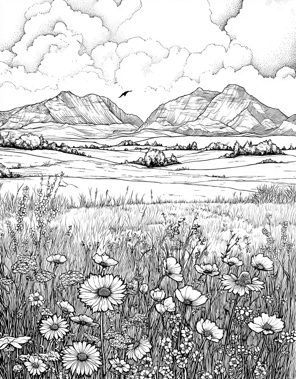 Stress Relief Color Book, Nature Colouring Pages for Adult, Free Printable Adult Coloring Pages, Coloring Pictures Flowers Prairie, Vibrant Prairie Scenes for Creative Minds main 8