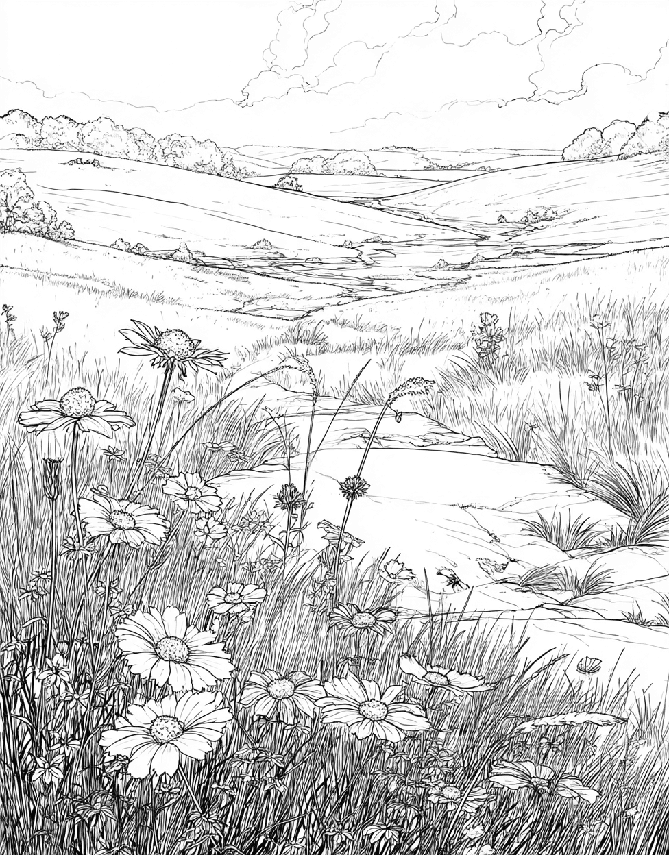 Stress Relief Color Book, Nature Colouring Pages for Adult, Free Printable Adult Coloring Pages, Coloring Pictures Flowers Prairie, Vibrant Prairie Scenes for Creative Minds main 9