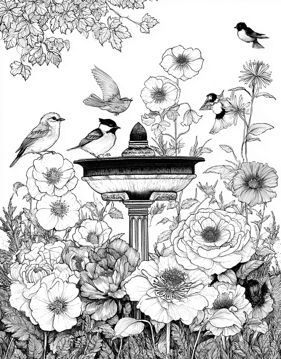 Birdbath Bliss Unleash Your Inner Artist, Stress Relief Color Book, Garden Colouring Pages for Womens, Free Printable Girly Coloring Pages, Birdbath Coloring main 2