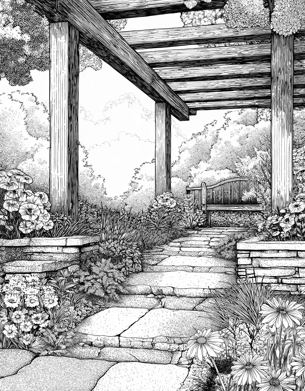 Relaxation Color Book, Garden Colouring Pages for Adults, Free Coloring Pages Pdf Format, Pergola Coloring, Pergola Dreams Artful Escape on Paper main 2