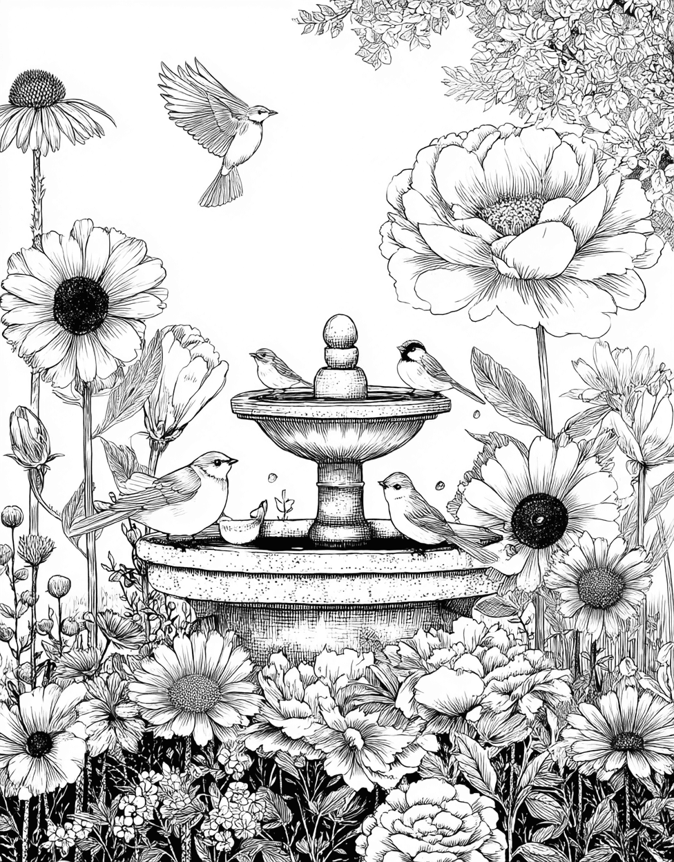 Birdbath Bliss Unleash Your Inner Artist, Stress Relief Color Book, Garden Colouring Pages for Womens, Free Printable Girly Coloring Pages, Birdbath Coloring main 3